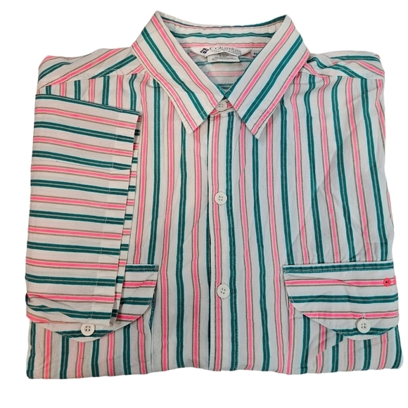 Vintage 80s‎ Columbia Neon Striped Radical Sleeve Button Front Shirt Large J65 - Picture 1 of 13